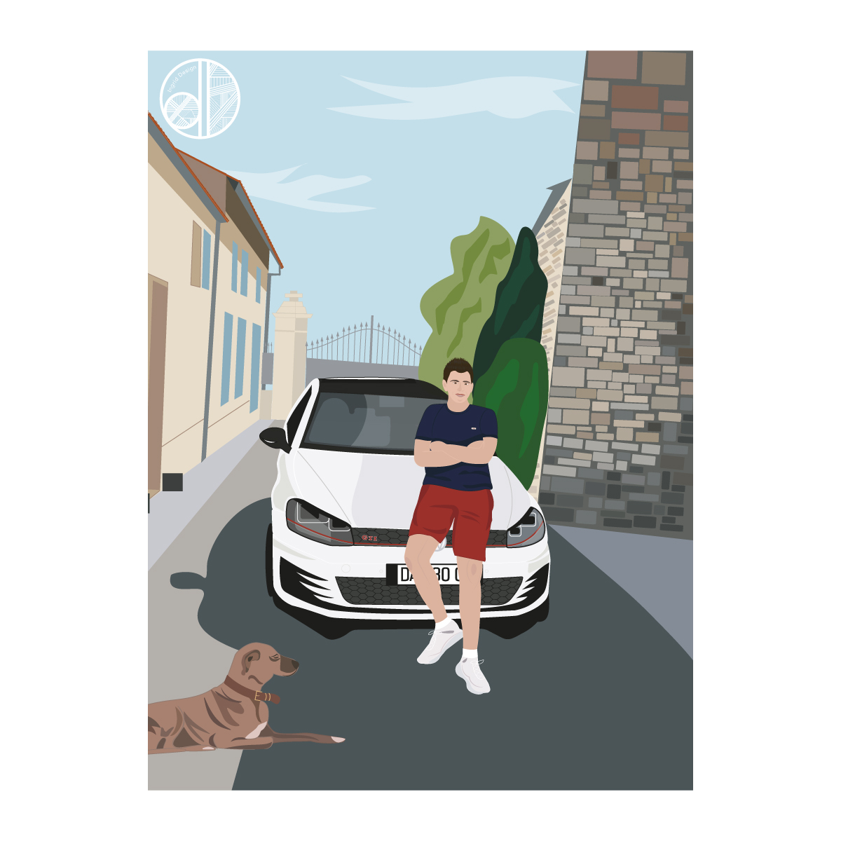 Illustration voiture GTI passionné auto Benjamin avec chien Saint Jean d'Angely