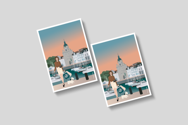 2 cartes postales shopping grosse horloge La Rochelle